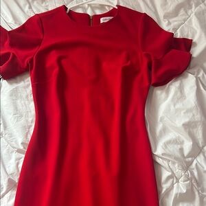 Calvin Klein Red Sheath Dress with Puff Sleeves